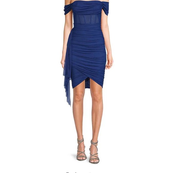 City Vibe Off The Shoulder Drape Corset Bodice Mesh Dress Size 0 Blue Homecoming - Picture 2 of 4